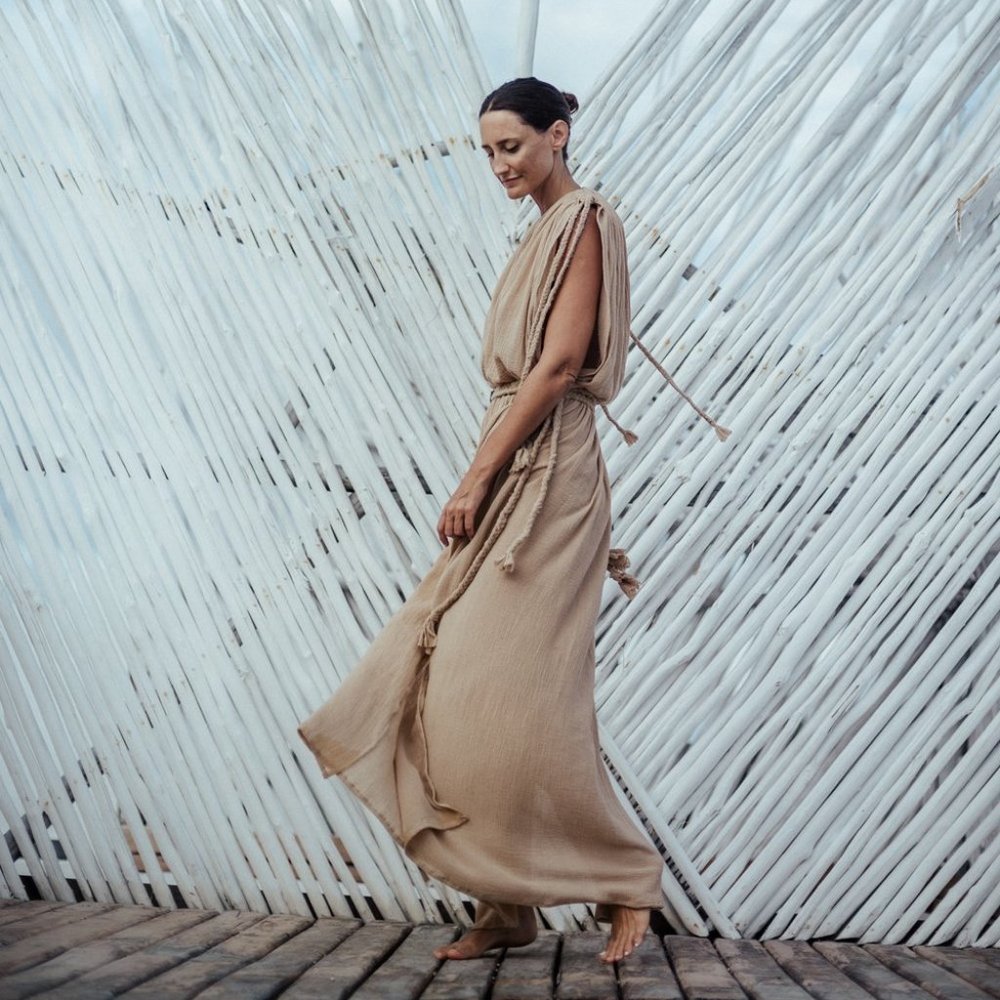 Sustanable Eco friendly brand Spiritum Tulum beige pale rose handmade maxi dress
